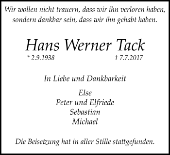 Traueranzeige von Hans Werner Tack von Kettwig Kurier