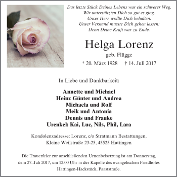 Traueranzeige von Helga Lorenz von Stadtspiegel Hattingen/Niedersprockhövel