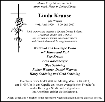 Traueranzeige von Linda Krause von Stadtanzeiger Velbert + Heiligenhaus