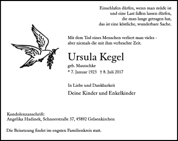 Traueranzeige von Ursula Kegel von Stadtspiegel Gelsenkirchen