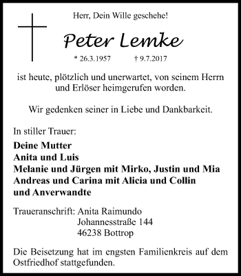 Traueranzeige von Peter Lemke von Stadtspiegel Bottrop
