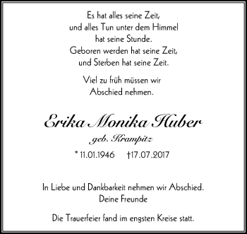 Traueranzeige von Erika Monika Huber von Wochen-Anzeiger Oberhausen