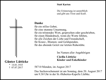 Traueranzeige von Günter Lütticke von Stadtspiegel Menden + Froendenberg
