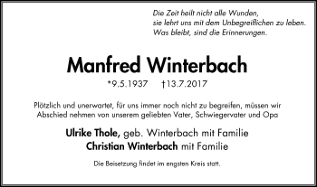 Traueranzeige von Manfred Winterbach von Stadtspiegel Menden + Froendenberg