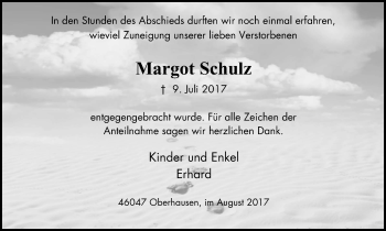 Traueranzeige von Margot Schulz von Wochen-Anzeiger Oberhausen