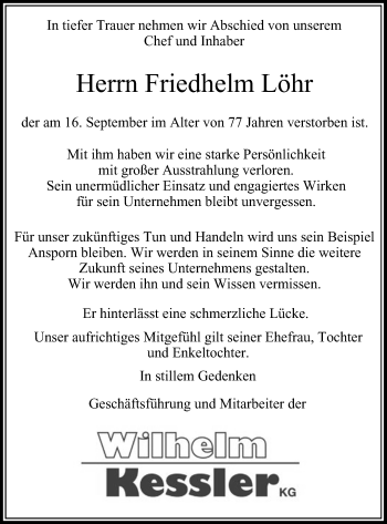 Traueranzeige von Friedhelm Löhr von Stadtanzeiger Velbert + Heiligenhaus