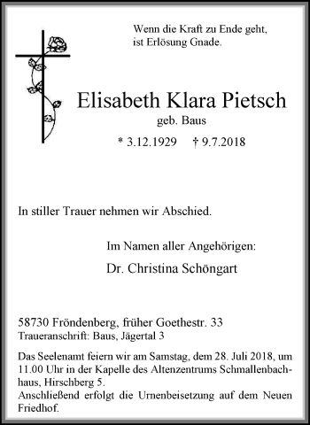 Traueranzeige von Elisabeth Klara Pietsch von Stadtspiegel Menden + Froendenberg