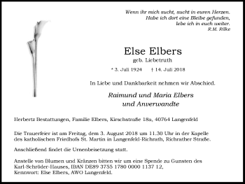 Traueranzeige von Else Elbers von Wochen-Anzeiger Langenfeld/Monheim/Hilden