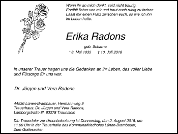 Traueranzeige von Erika Radons von Lüner Anzeiger