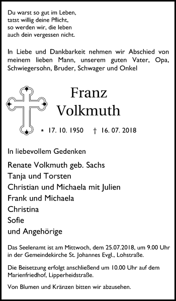 Traueranzeige von Franz Volkmuth von Wochen-Anzeiger Oberhausen