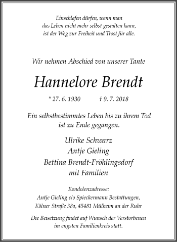 Traueranzeige von Hannelore Brendt von Mülheimer Woche
