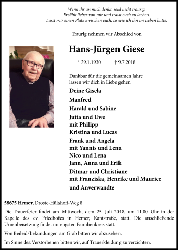 Traueranzeige von Hans-Jürgen Giese von Stadtspiegel Iserlohn + Hemer