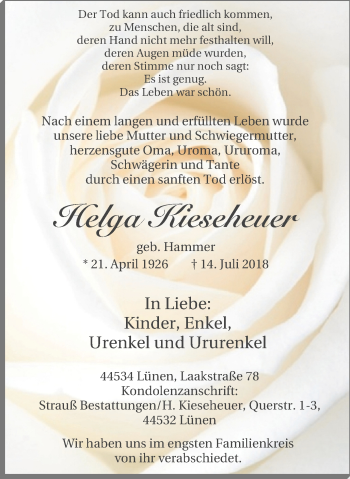 Traueranzeige von Helga Kiescheuer von Lüner Anzeiger