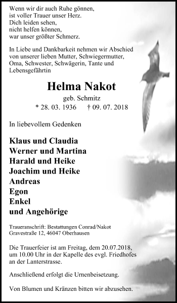 Traueranzeige von Helma Nakot von Wochen-Anzeiger Oberhausen