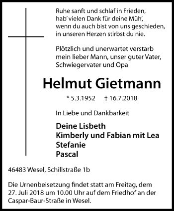 Traueranzeige von Helmut Gietmann von Stadtanzeiger Emmerich/Rees/Isselburg