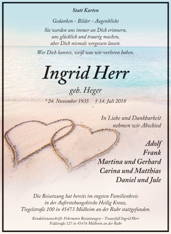 Traueranzeige von Ingrid Herr von Mülheimer Woche