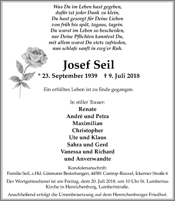 Traueranzeige von Josef Seil von Stadtanz.Castrop-Rauxel