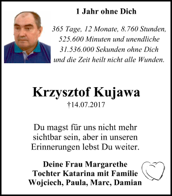 Traueranzeige von Krzysztof Kujawa von Wochen-Anzeiger Langenfeld/Monheim/Hilden