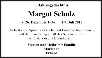 Traueranzeige von Margot Schulz von Wochen-Anzeiger Oberhausen