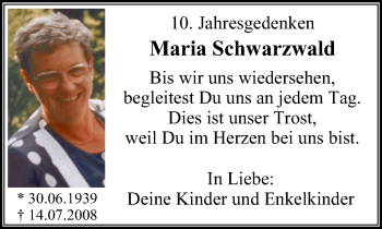 Traueranzeige von Maria Schwarzwald von Stadtspiegel Menden + Froendenberg