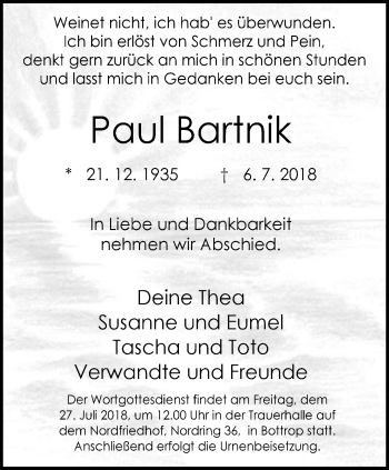 Traueranzeige von Paul Bartnik von Stadtspiegel Bottrop