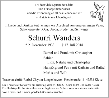 Traueranzeige von Schurri Wanders von Klever Wochenblatt