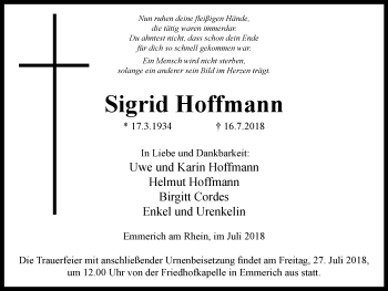Traueranzeige von Sigrid Hoffmann von Stadtanzeiger Emmerich/Rees/Isselburg