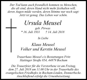 Traueranzeige von Ursula Meusel von Stadtspiegel Bochum + Wattenscheid