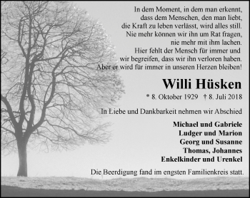 Traueranzeige von Willi Hüsken von Stadtspiegel Gelsenkirchen