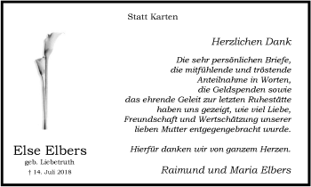 Traueranzeige von Else Elbers von Wochen-Anzeiger Langenfeld/Monheim/Hilden