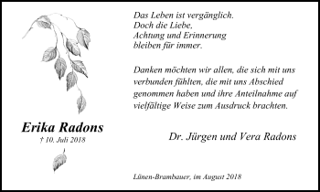 Traueranzeige von Erika Radons von Lüner Anzeiger