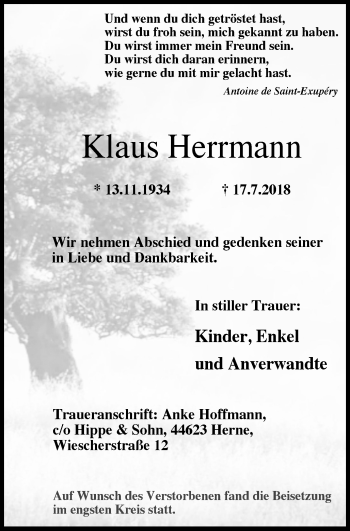 Traueranzeige von Klaus Herrmann von Stadtanz.Castrop-Rauxel