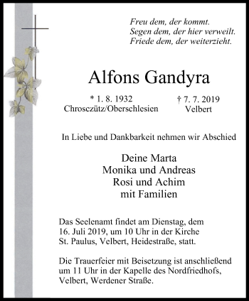 Traueranzeige von Alfons Gandyra von Stadtanzeiger Velbert + Heiligenhaus