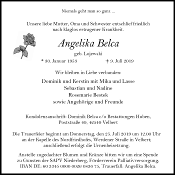 Traueranzeige von Angelika Belca von Stadtanzeiger Velbert + Heiligenhaus