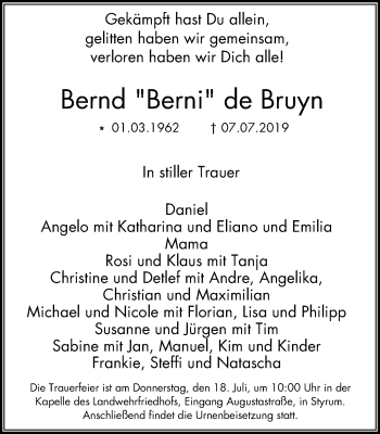 Traueranzeige von Bernd de Bruyn von Mülheimer Woche