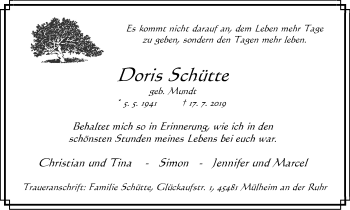 Traueranzeige von Doris Schütte von Mülheimer Woche