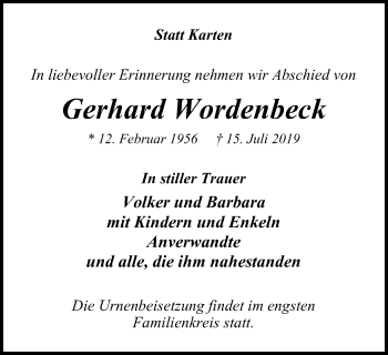 Traueranzeige von Gerhard Wordenbeck von Stadtanzeiger Velbert + Heiligenhaus
