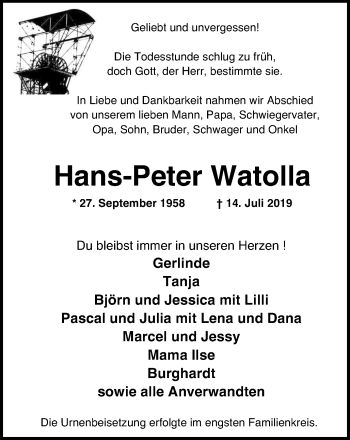 Traueranzeige von Hans-Peter Watolla von Lüner Anzeiger