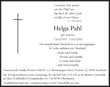 Traueranzeige von Helga Pahl von Wochen-Anzeiger Oberhausen