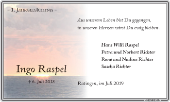 Traueranzeige von Ingo Raspel von WVW Anzeigenblätter