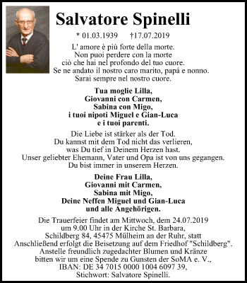 Traueranzeige von Salvatore Spinelli von Mülheimer Woche