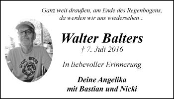 Traueranzeige von Walter Balters von WVW Anzeigenblätter