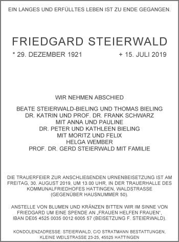 Traueranzeige von Friedgard Steierwald von Stadtspiegel Hattingen/Niedersprockhövel