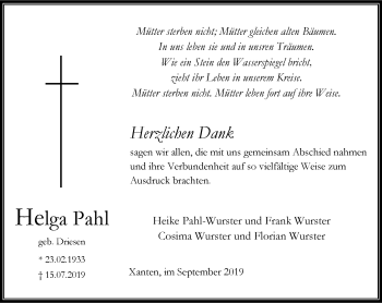 Traueranzeige von Helga Pahl von Wochen-Anzeiger Oberhausen