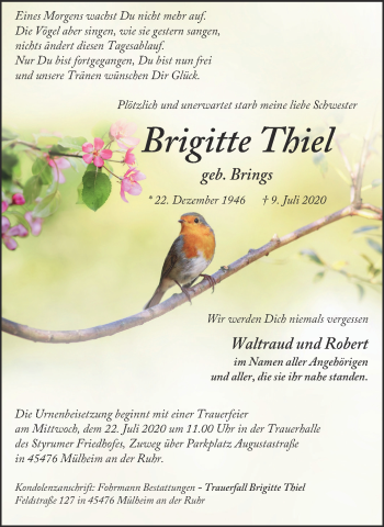 Traueranzeige von Brigitte Thiel von WVW Anzeigenblätter