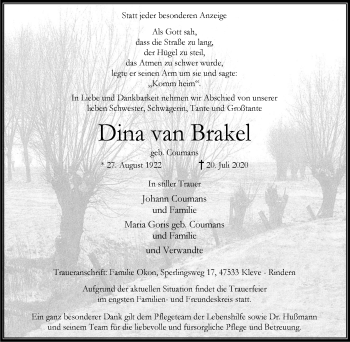 Traueranzeige von Dina van Brakel von WVW Anzeigenblätter