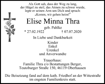 Traueranzeige von Elise Minna Thra von WVW Anzeigenblätter