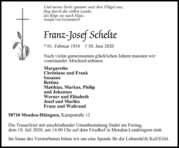 Traueranzeige von Franz-Josef Schelte von WVW Anzeigenblätter