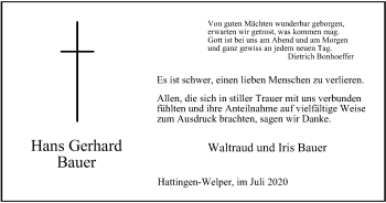 Traueranzeige von Hans Gerhard Bauer von WVW Anzeigenblätter