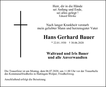 Traueranzeige von Hans Gerhard Bauer von WVW Anzeigenblätter